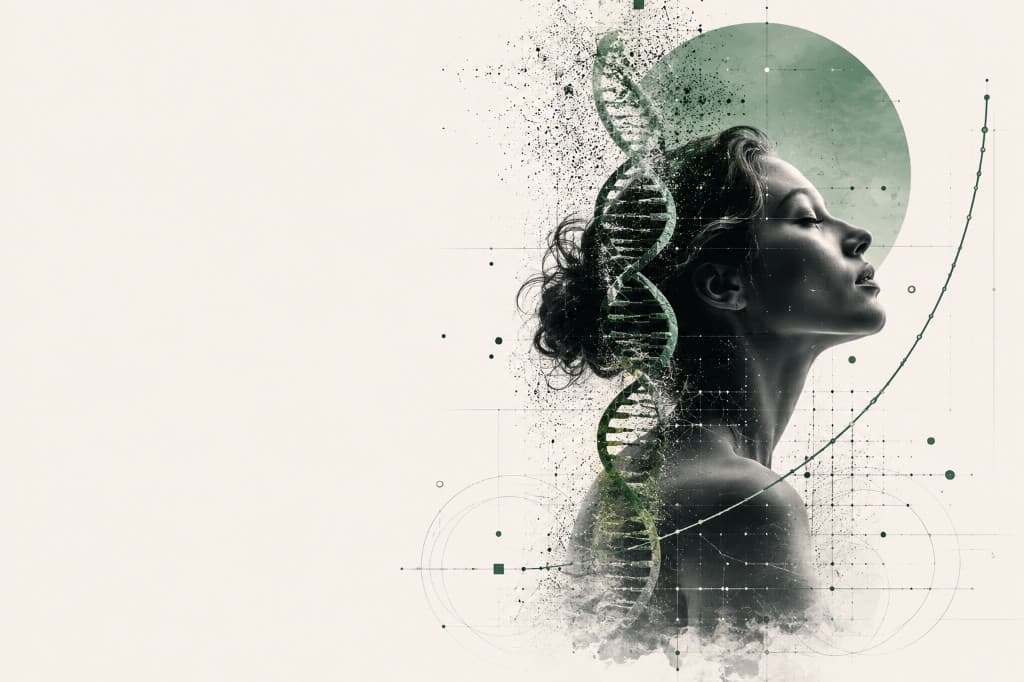 Abstract illustration of a profile overlaid with a double helix and dotted data figures.